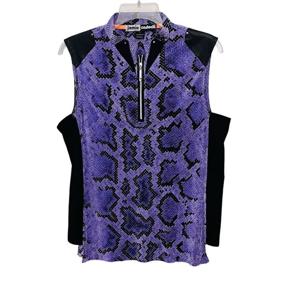 jamie sadock Tops - Jamie Sadock Top Crinkled Purple Black Abstract Print 3/4 Zip Shirt Sz L